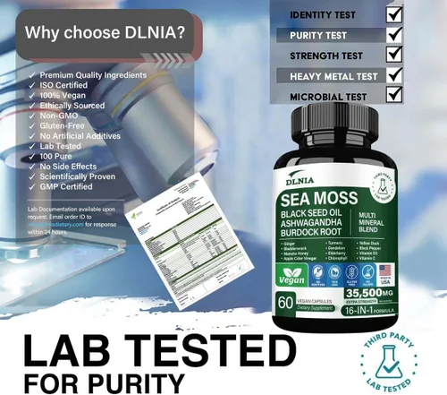 Vista 5 de Cápsulas alternativas de gel de musgo marino orgánico 16 en 1 – Mezcla de superalimentos con Ashwagandha, aceite de semilla negra, cúrcuma, vejiga