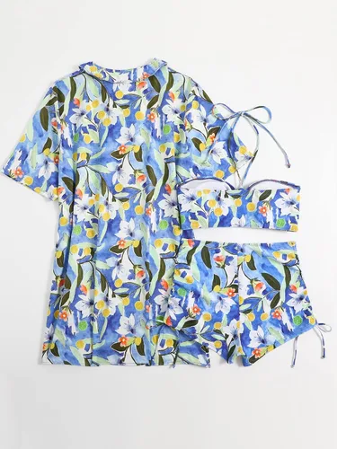 Vista 2 de Romwe Traje de baño de 3 piezas para mujer con estampado floral halter bikini conjunto con kimono