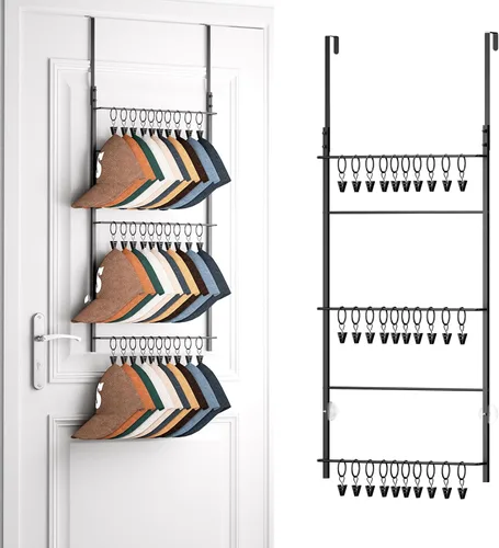 Vista 12 de HapiRm Perchero para Puerta - Organizador de Sombreros de 3 Niveles Montado en la Pared con 16 Ganchos y 10 Clips Móviles, Organizador de Sombreros