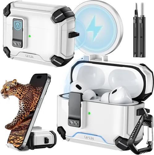 Vista 51 de Inesore Funda para AirPods Pro 1ª/2ª con bloqueo seguro (verde oscuro) Cubierta magnética de bloqueo automático con soporte para teléfono y kit