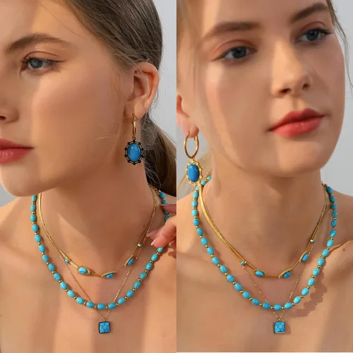 Vista 8 de Fannifen - Collares para mujer, cadena de espiga turquesa chapada en oro de 18 quilates, colgante ajustable para mujer, collar para niñas