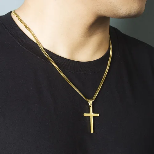 Vista 5 de Collar de cruz para hombre, collar con colgante de cruz lisa de acero inoxidable plateado y dorado para hombre, cadena cubana de 18 a 26 pulgadas