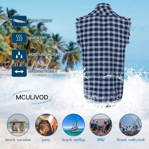 Vista 6 de Camisa sin mangas a cuadros para hombre, camisas vaqueras con botones