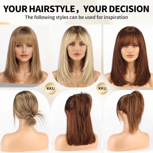 Vista 5 de KKU Pelucas de cabello humano de 16 pulgadas para mujer, peluca de cabello lacio en capas con flequillo, realismo natural, pelucas de cabello real