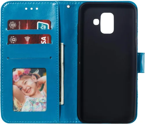 Vista 5 de LEECOCO - Funda para Samsung A6 2018 con diseño de mandala en relieve de lujo de piel sintética con tapa para cuaderno, cartera con soporte LD: azul
