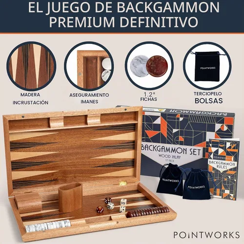 Vista 2 de Pointworks Juegos de backgammon de 17 pulgadas para adultos. Hermoso juego de mesa de backgammon con incrustaciones de madera con damas y dados