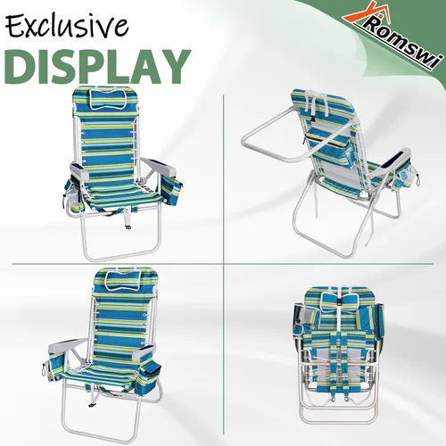 Vista 9 de Romswi Silla de playa alta extra ancha para adultos, mochila de asiento alto de 17 pulgadas con bolsa refrigeradora, soporte para taza y teléfono