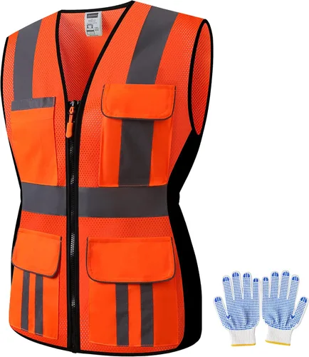 Vista 11 de Chaleco de seguridad para mujer, múltiples bolsillos, de alta visibilidad, reflectante, malla transpirable, chaleco de trabajo para dama, cremallera