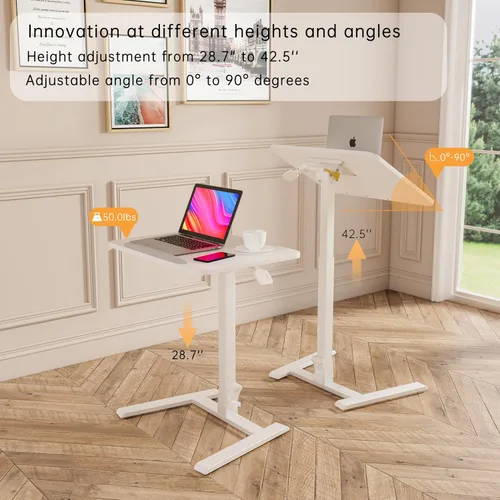 Vista 8 de alawooder 25" Mobile Folding Desk: Pneumatic Sit-Stand, No Assembly Escritorio para portátil con ruedas ajustables de 29 a 42 pulgadas, ruedas Blanco