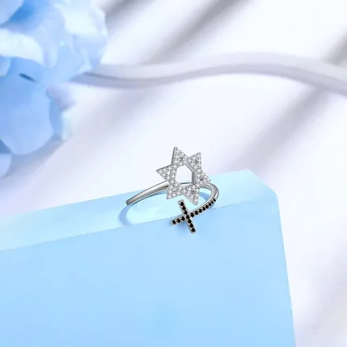 Vista 12 de Jewmon Anillo ajustable de estrella de David judía para mujer, plata de ley 925, circonita cúbica, estrella de David, anillo judío abierto, amuleto