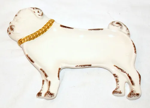 Vista 2 de Nuevo perro Bulldog de cerámica de 6 "con collar de oro, bandeja de joyería decorativa, soporte para placa