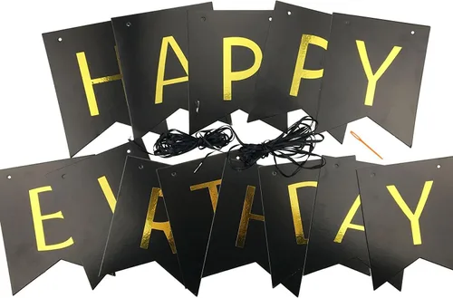 Vista 4 de Fecedy, Banderín y Cartel de Feliz Cumpleaños, Negro con Letras Doradas y Brillantes, Suministros para Fiestas.