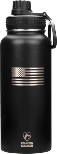 Vista 10 de Botella de agua aislada, negro, acero inoxidable, 32 onzas, diseño de bandera estadounidense de línea azul fina, boca ancha