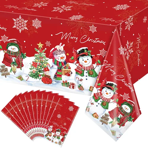 Vista 16 de FunnyPars 3 piezas manteles de muñeco de nieve navideños de plástico, cubierta de mesa de invierno con copos de nieve y árbol de Navidad para Rojo