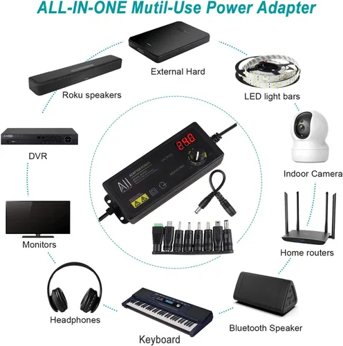 Vista 4 de Adaptador universal de fuente de alimentación CC ajustable de 3 V - 24 V 1.5 A 36 W, control de velocidad, pantalla de voltios con 8 enchufes