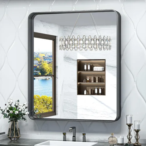 Vista 35 de TokeShimi Espejo de pared de baño de níquel cepillado de 20 x 30 pulgadas, marco de metal, esquina redonda, rectangular, para decoración del hogar