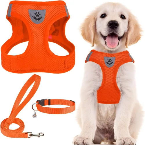 Vista 15 de PUPTECK - Arnés, collar y correa ajustables, sin tirones, para perros pequeños y medianos, cachorros y gatos, pechera reflectante acolchada de malla
