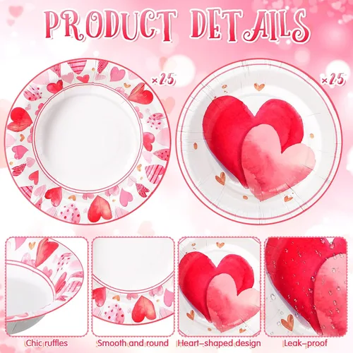Vista 3 de Sliner 50 cuencos de papel desechables de 16 onzas para el día de San Valentín, 2 estilos, cuenco de sopa compostable con corazón rosa, recuerdo