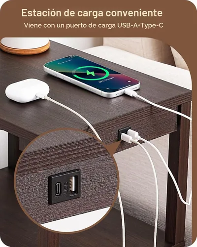 Vista 4 de EDISHINE Lámpara de pie con mesa regulable USB-A+puerto tipo C, nogal Madera de nogal