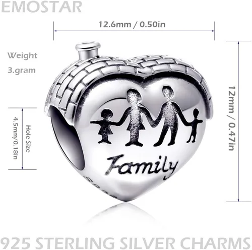 Vista 5 de EMOSTAR Abalorio familiar de plata de ley con forma de corazón para pulseras