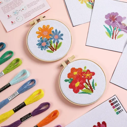 Vista 5 de ZOIIWA 6 piezas de kits de costura de flores con tema de primavera para principiantes, kit de bordado DIY de flores para niños y adultos, kit