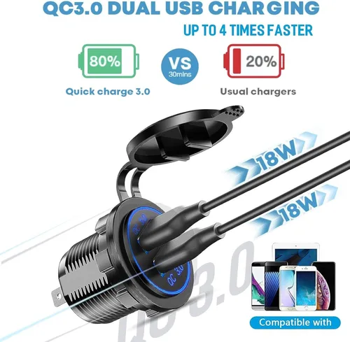 Vista 2 de [Actualizado] Divisor de toma de corriente para encendedor de cigarrillos, carga rápida 3.0 cargador USB con LED, toma de corriente USB de 12 V