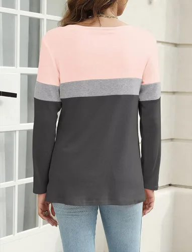 Vista 5 de Minetom Camisetas de manga larga con cuello en V para mujer, estilo casual, bloque de colorsólido, camisetas básicas