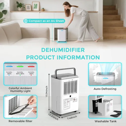 Vista 5 de Deshumidificador de 1 500 pies cuadrados, deshumidificador silencioso máximo de 32 pintas para dormitorio con filtro HEPA, purificadores de aire
