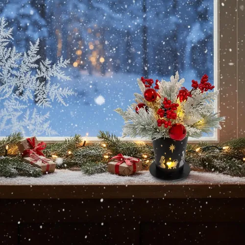 Vista 4 de Centro de Mesa Navideño Iluminado en Maceta de Metal con Temporizador, Escena del Nacimiento Navideño en Base de Metal Negro con Ornamento de Piñas