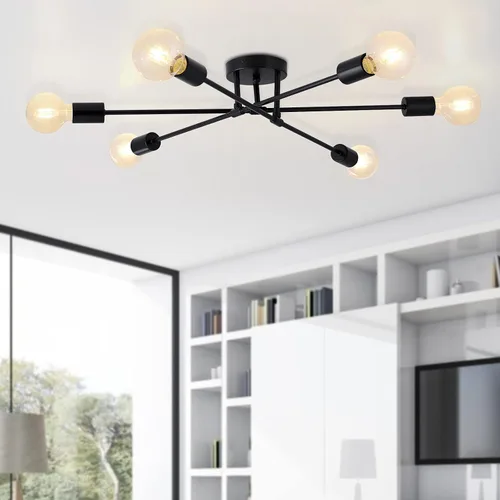 Vista 7 de Lámpara de techo semiempotrada, lámparas de araña Sputnik modernas de 6 luces en latón con base E26, lámparas de cocina estilo granja vintage