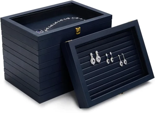 Vista 6 de Oirlv Bandeja de joyería de cuero azul de alta calidad con 24 rejillas con tapa transparente, aretes, anillos, caja organizadora, caja apilable