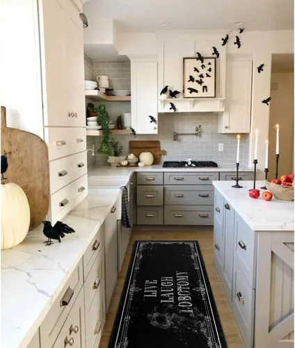 Vista 4 de Juego de 2 Alfombrillas de Cocina Góticas - Alfombras de Cocina Antideslizantes de Halloween Espeluznantes Negras Alfombra Gótica de Calavera