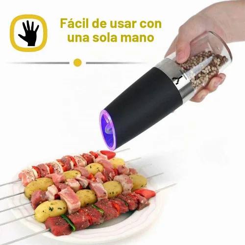 Vista 5 de Juego de 2 molinillos eléctricos de gravedad, molinillo automático de pimienta y sal con luz LED azul, molinillo de pimienta eléctrico con grosor