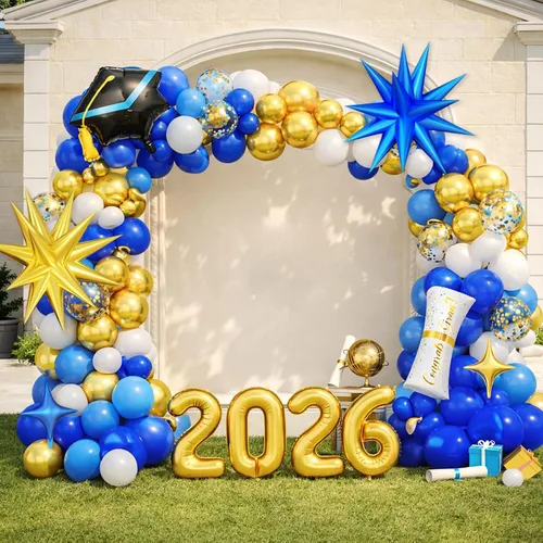 Vista 4 de Kit de arco de globos de graduación azul y dorado 2026, decoraciones de graduación 2026, globos dorados del número 2026 con explosión de estrella