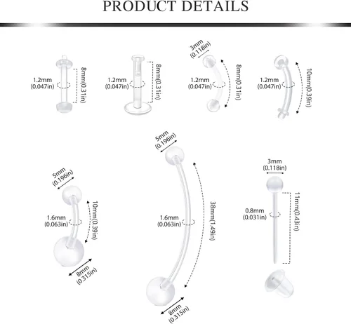 Vista 3 de AVYRING Juego de joyas transparentes para piercing de tabique, retenedores de nariz, labio, lengua, oreja, anillos de nariz transparentes