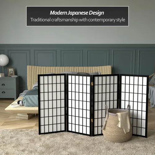 Vista 2 de Biombo portátil simple de 3 pies Biombo Shoji para dividir una cuarto, clásico diseño japonés, 4 tamaños y 6 colores, Madera, Negro