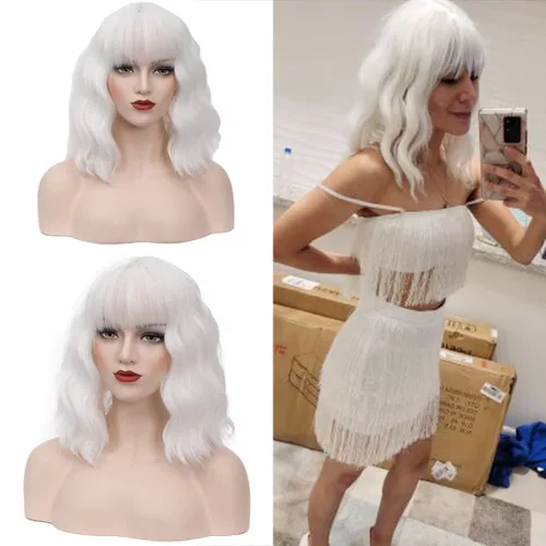 Vista 2 de DWMGLP Peluca rizada blanca corta de 14 pulgadas para mujeres y niñas, pelucas de fibra resistentes al calor, Halloween, cosplay, fiesta diaria +