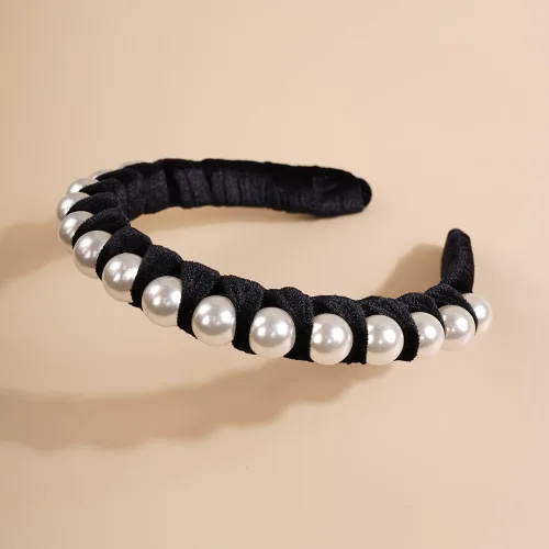 Vista 4 de Wiwpar Diademas de perlas de terciopelo para el pelo con perlas, elegante diadema de perlas antideslizantes, accesorios de moda para el cabello