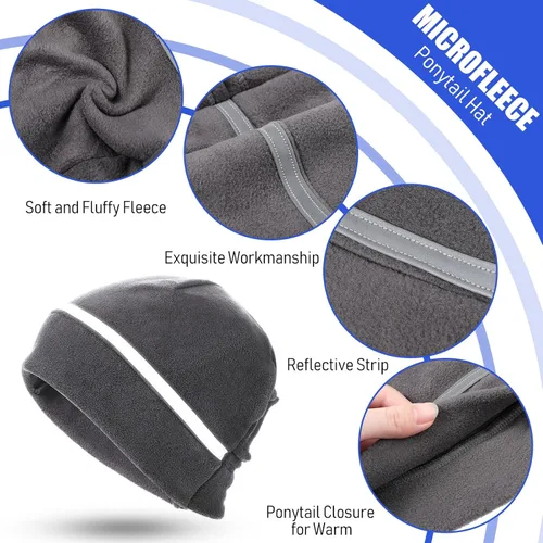 Vista 6 de Gorro reflectante de 3 piezas con forro polar para correr, cola de caballo para mujer, gorro de seguridad con cubiertas para las orejas para clima