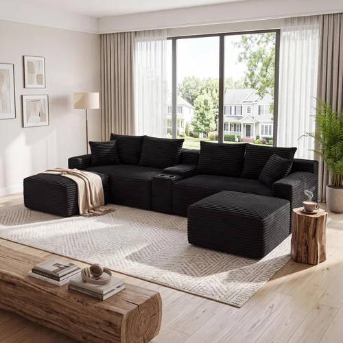 Vista 14 de Sofá seccional de nube en forma de U de 115 pulgadas, sofá modular comprimido sin hueso con diván otomano reversible, sofá simétrico de pana de Gris