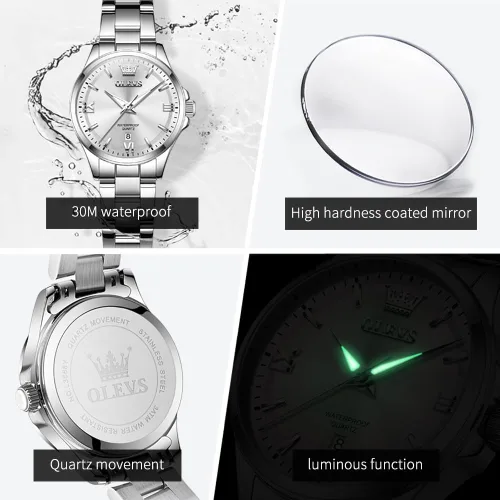 Vista 6 de OLEVS Reloj de pulsera para mujer, elegante, con diamantes, analógico, de cuarzo, de dos tonos, de acero inoxidable, impermeable, luminoso