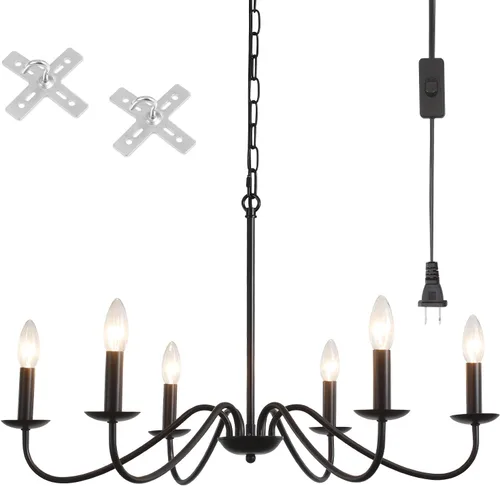 Vista 8 de Lámpara de araña enchufable con cable largo, candelabros estilo granja negros de 6 luces para lámpara de comedor, luces colgantes con cable 12 luces
