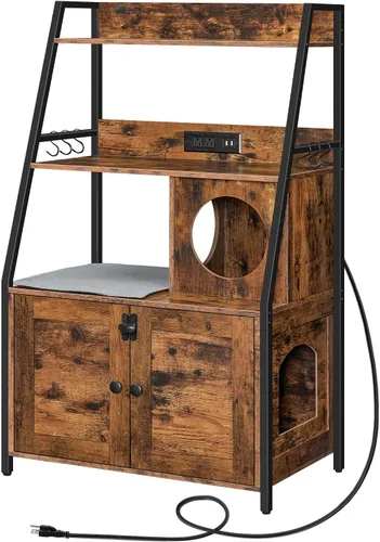 Vista 10 de HOOBRO Caja de arena con 2 estantes de almacenamiento, mueble alto para caja de arena oculto con estación de carga, mueble para caja de arena oculta