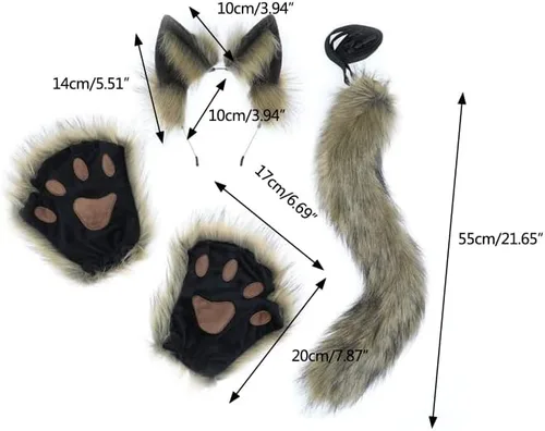 Vista 2 de Angela0123 - Diadema de piel sintética con orejas de lobo + guantes de pata + cola de felpa para festivales de cosplay
