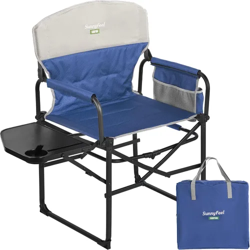 Vista 28 de SUNNYFEEL Silla de Directores de Camping, Silla Plegable Portátil de Gran Tamaño con Mesa Lateral, Bolsillo para Playa, Pesca, Viaje, Picnic