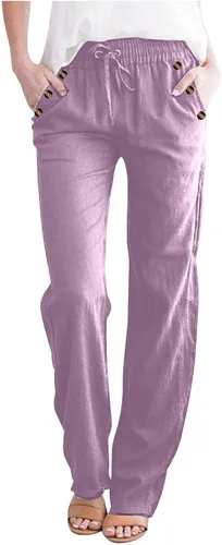 Vista 15 de Casual Pants for Women Summer Solid Color Drawstring Elastic Waist Pants Baggy Straight Leg Long Trouser with Pocket