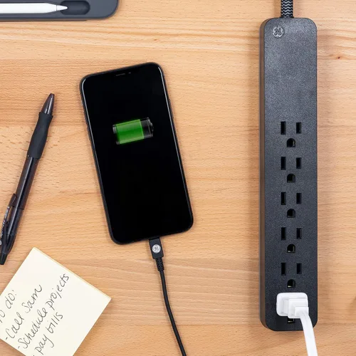 Vista 6 de GE UltraPro - Protector SurGE de 6 tomas, cable de extensión trenzado de diseño de 2 pies, enchufe plano, cable de alimentación largo, montaje