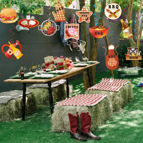Vista 6 de 48 remolinos colgantes para barbacoa para patio trasero, fiesta de picnic de verano, parrilla de hamburguesa de doble cara, decoraciones de fiesta