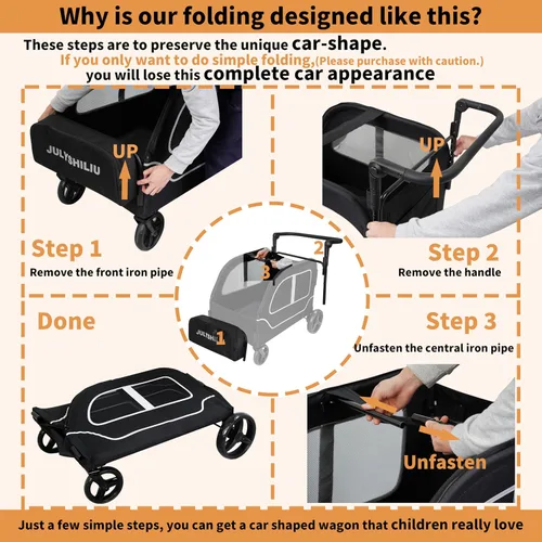 Vista 5 de Cochecito grande de 4 plazas, 2, 3, niños pequeños, color negro Car Shaped, Foldable, All Terrain, Removable Canopy, 5 Point Harness, Travel