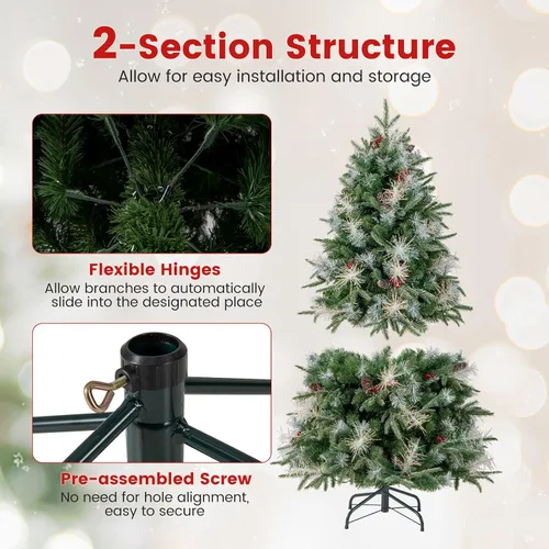 Vista 5 de DORTALA Árbol de Navidad preiluminado de 5 pies, árbol de Navidad artificial con bisagras con 190 luces LED blancas cálidas, 602 puntas de rama, 26